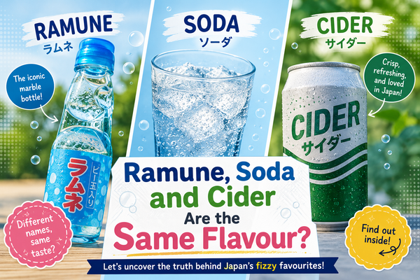 Featured graphic for an article on Japanese candy flavours, showing a marble ramune bottle, a glass of clear fizzy soda and a can of Japanese cider side by side, with the question of whether they are all the same flavour.
