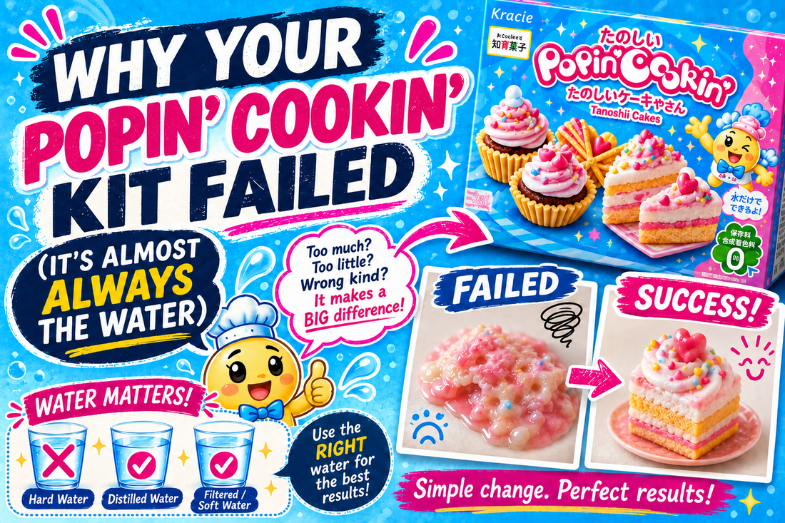 Popin' Cookin' kit failure guide: a chef mascot, a failed runny pink batch beside a neat finished cake, and three glasses marking hard water as wrong while distilled and soft or filtered water are the right choice.