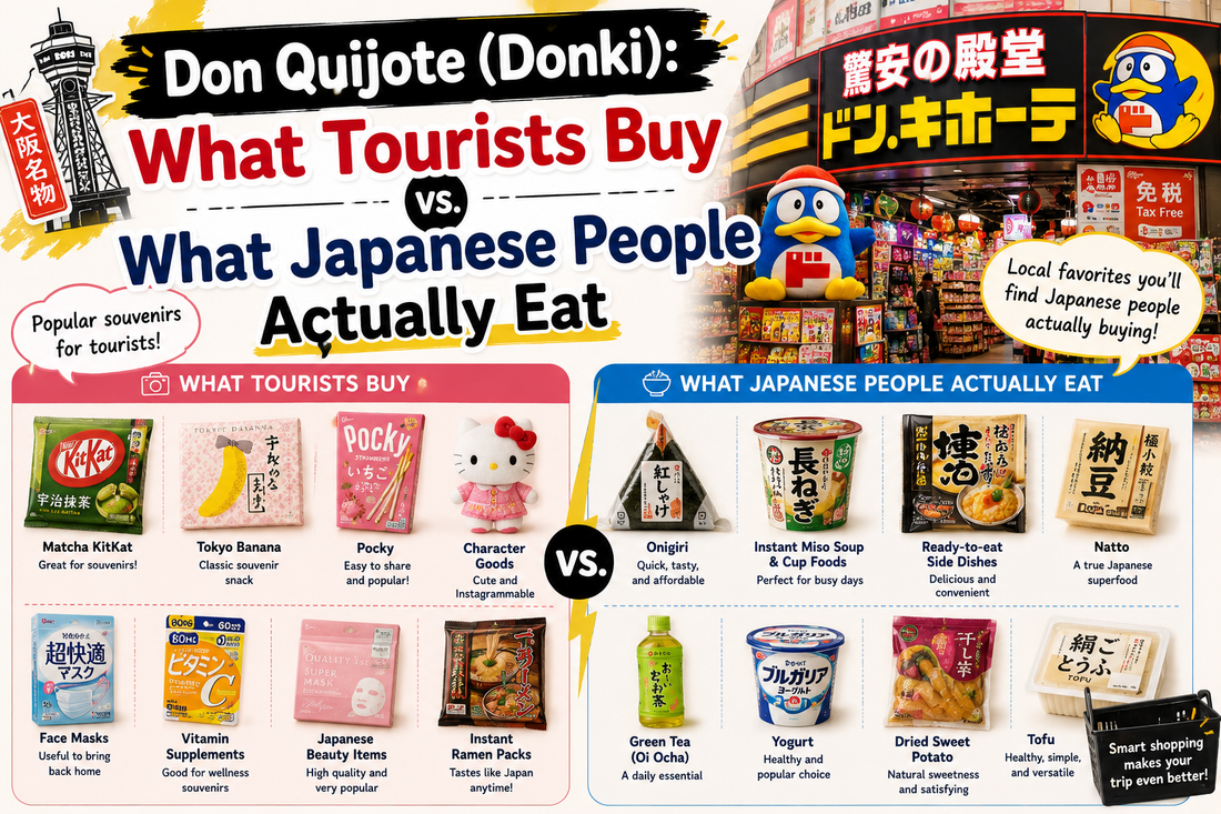 Don Quijote (Donki) comparison: what tourists buy (matcha KitKat, Tokyo Banana, Pocky, Hello Kitty) versus what Japanese people actually eat (onigiri, cup miso soup, natto, green tea, tofu), with the Donki storefront and Donpen mascot.