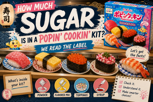 Featured graphic asking how much sugar is in a Popin' Cookin' kit, showing candy sushi made from a Japanese DIY kit next to the sushi kit box, with icons for the powder, flavoured mix, toppings and syrup inside the kit.