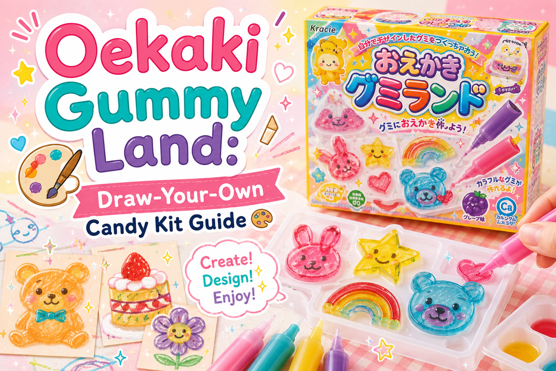 Kracie Oekaki Gummy Land DIY candy kit with colourful homemade gummies — a bunny, star, rainbow and bear — drawn on the moulding tray beside the box