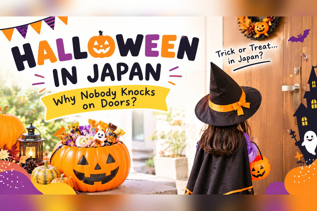 Halloween in Japan: a child in a witch costume at a front door with a jack-o-lantern bucket, beside a pumpkin bowl full of Japanese Halloween sweets