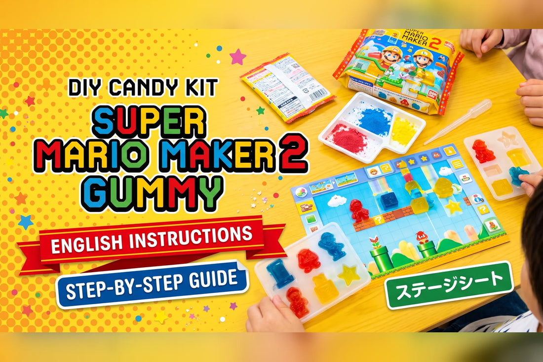 Super Mario Maker 2 Gummy DIY candy kit: English instructions, step-by-step guide, with gummies arranged on the stage sheet