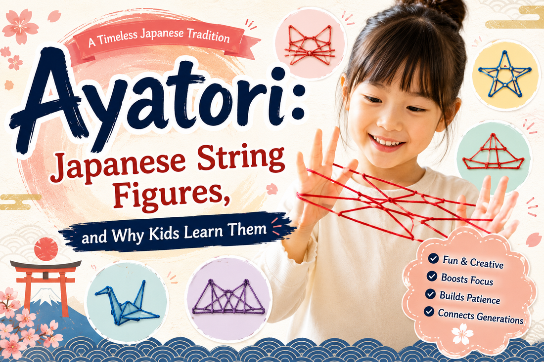 Blog header for a guide to ayatori, the Japanese string-figure game: a smiling child holding a red loop of string woven between her fingers, with inset string figures (cat's cradle, star, ship, crane, bridge) and cherry blossoms on a pastel background