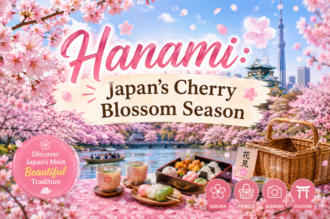 Japanese hanami scene - blooming pink cherry blossom trees along a river with a boat, a picnic spread of green tea, dango, sushi and a bento box, a woven basket, cherry blossoms drifting, with a castle and tower in the background