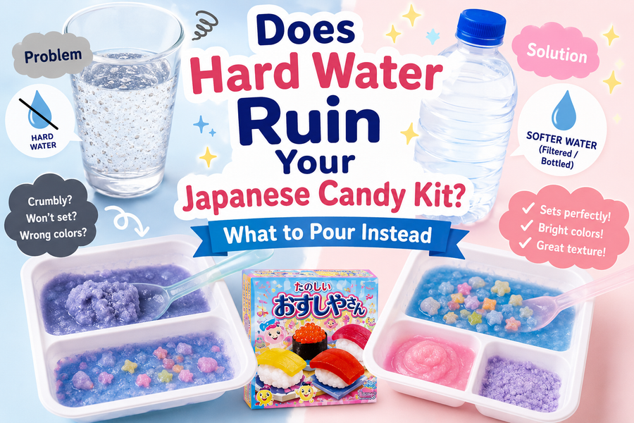 Featured graphic for an article on hard water and Japanese DIY candy kits: a cloudy glass of hard water and a poorly set candy tray on the left, a bottle of soft water and a bright, properly set sushi candy kit on the right.