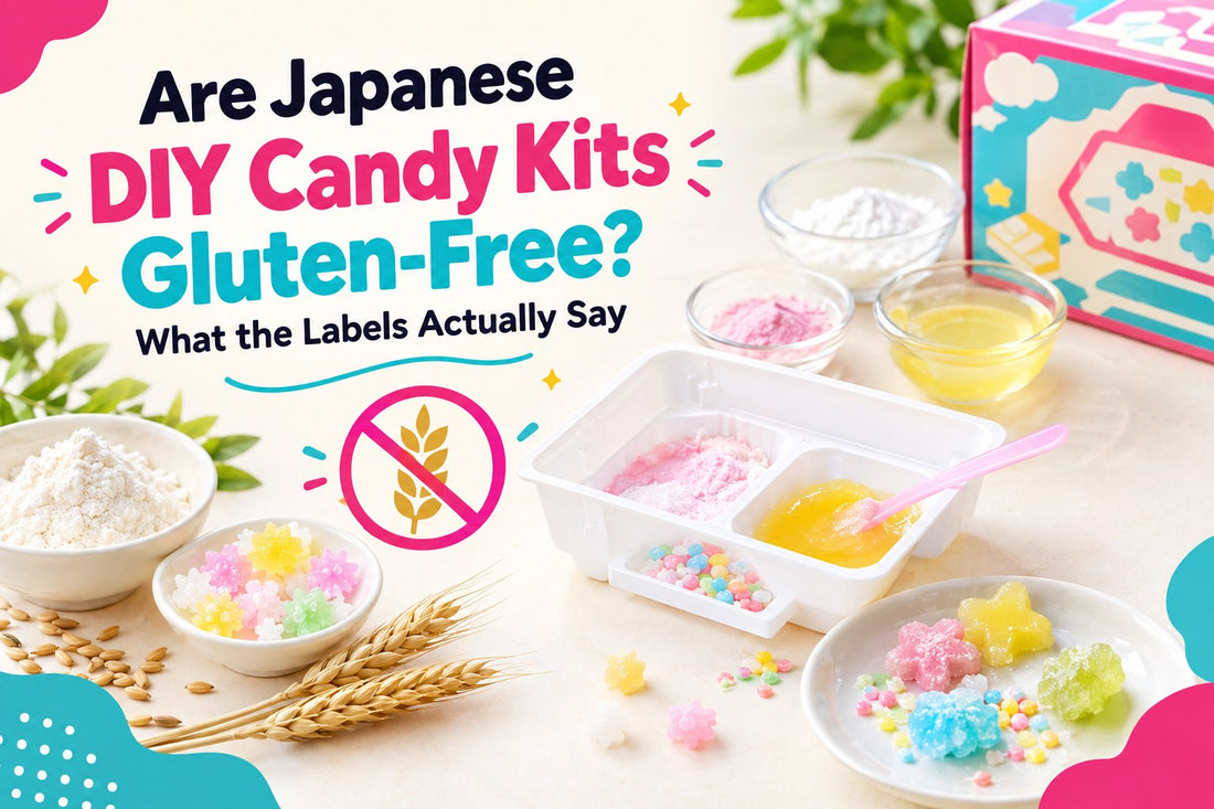 Japanese DIY candy kit tray with coloured powders next to wheat ears and a crossed-out wheat symbol