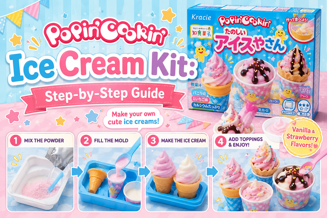 Kracie Popin' Cookin' Tanoshii Ice-yasan DIY candy kit with miniature soft-serve candy ice cream swirls in cones and cups topped with sauce and sprinkles beside the box, with numbered Mix-Fill-Make-Enjoy steps