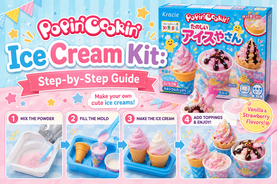 Kracie Popin' Cookin' Tanoshii Ice-yasan DIY candy kit with miniature soft-serve candy ice cream swirls in cones and cups topped with sauce and sprinkles beside the box, with numbered Mix-Fill-Make-Enjoy steps