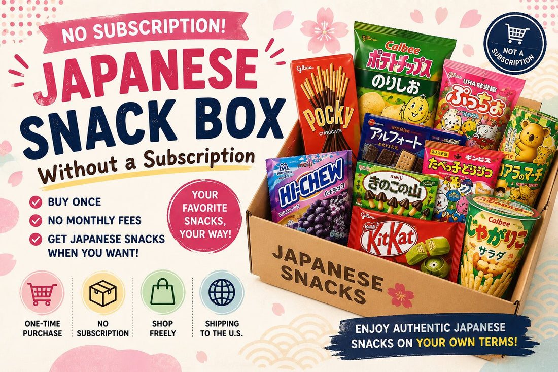 A cardboard box filled with Japanese snacks including Pocky, Kit Kat, Hi-Chew, Jagariko and Koala's March, with the title Japanese Snack Box Without a Subscription and badges reading one-time purchase and no subscription