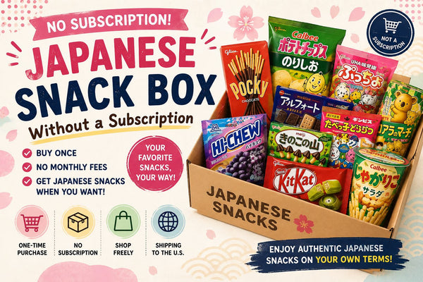 A cardboard box filled with Japanese snacks including Pocky, Kit Kat, Hi-Chew, Jagariko and Koala's March, with the title Japanese Snack Box Without a Subscription and badges reading one-time purchase and no subscription