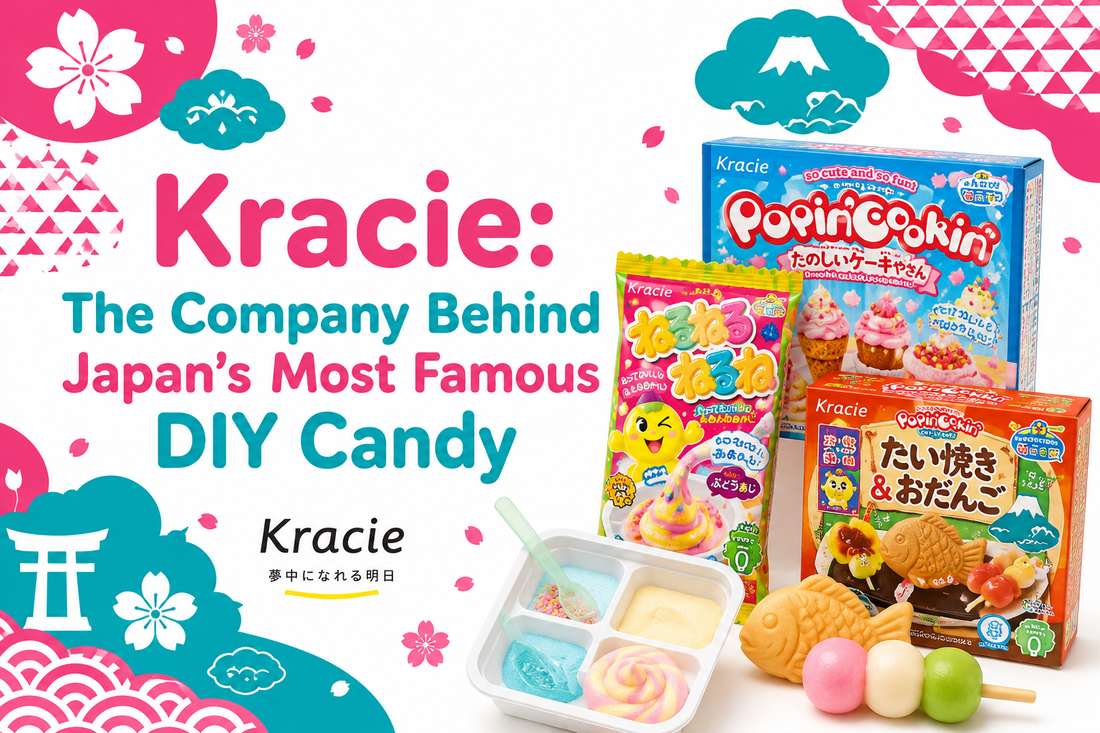Kracie, the company behind Japan's most famous DIY candy - a display of Kracie Popin' Cookin' and Nerunerunerune educational candy kits with finished treats.