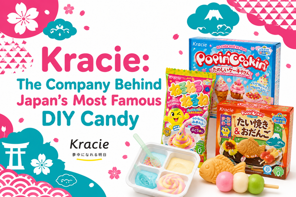 Kracie, the company behind Japan's most famous DIY candy - a display of Kracie Popin' Cookin' and Nerunerunerune educational candy kits with finished treats.