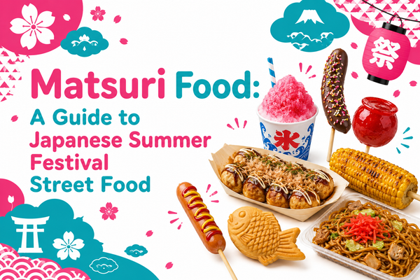 Matsuri food, a guide to Japanese summer festival street food - kakigori shaved ice, takoyaki, choco banana, candy apple, grilled corn, taiyaki and yakisoba.