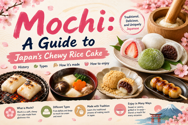 A colourful guide to Japanese mochi: strawberry daifuku, plain and matcha daifuku, red-bean mochi, grilled kirimochi, mochi in hot soup, kinako-dusted daifuku and mitarashi dango skewers, framed by cherry blossoms.