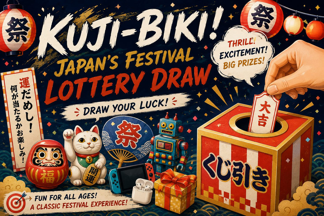 Kuji-biki lottery draw box and prize display at a Japanese festival