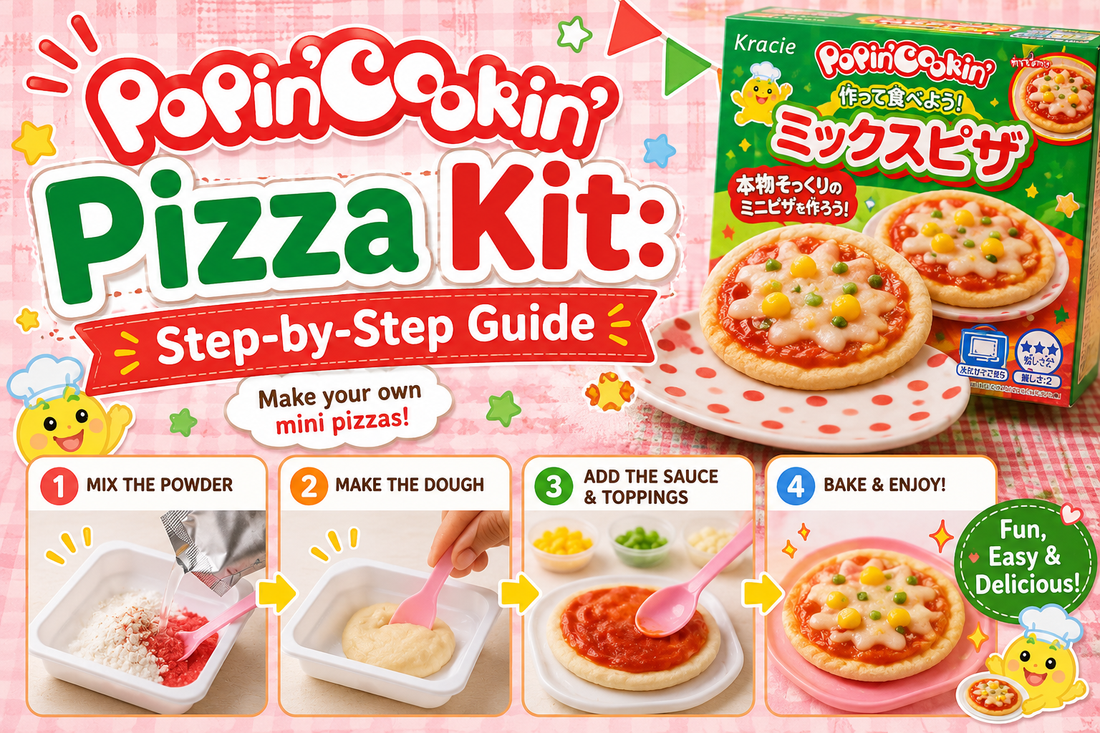 Popin' Cookin' Pizza Kit step-by-step guide - a cute Japanese DIY candy mini pizza with sauce and toppings beside the kit box.
