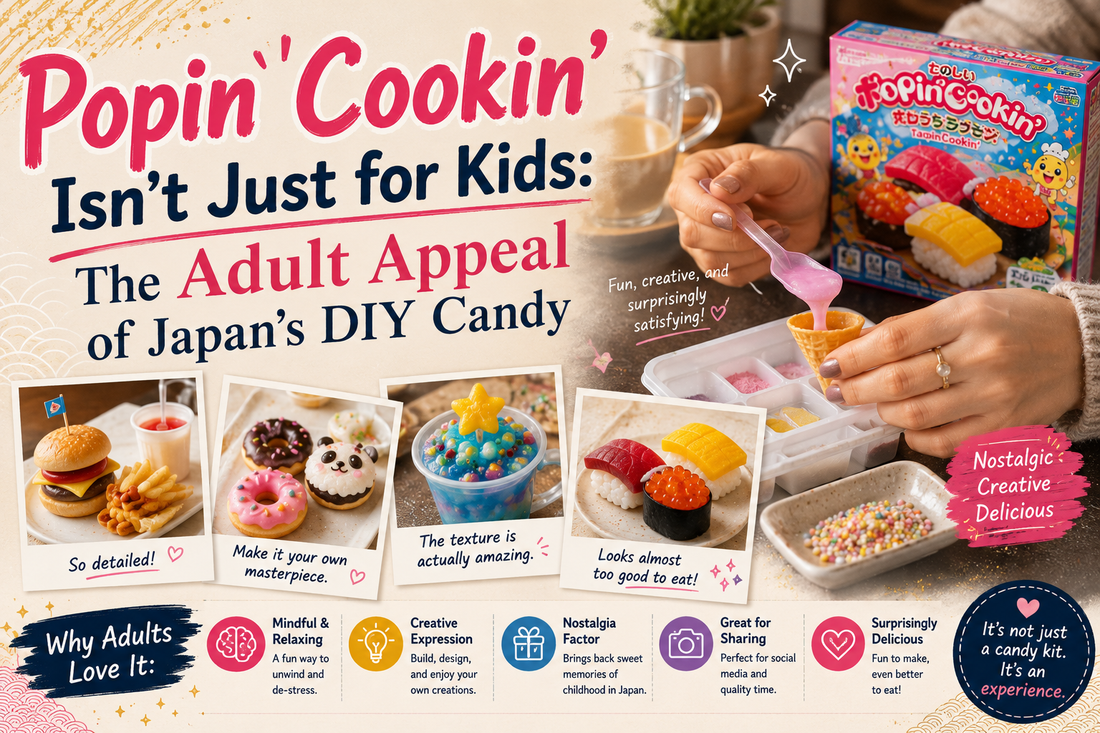 Adult hands making Popin' Cookin' DIY candy — piping pink 'ice cream' from the kit tray, surrounded by finished mini candy sushi, a burger, decorated donuts and a cup dessert, beside a Popin' Cookin' box and coffee.