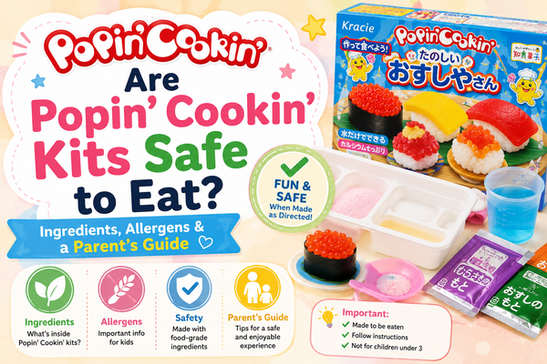 Are Popin' Cookin' kits safe to eat? A parent's guide - Japanese DIY candy kit sachets, tray and mini sushi candies with ingredient, allergen and safety notes.