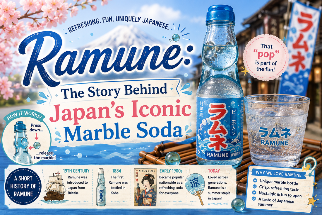Ramune, the story behind Japan's iconic marble soda - a classic blue marble-sealed ramune bottle and glass with a short history timeline of the drink.