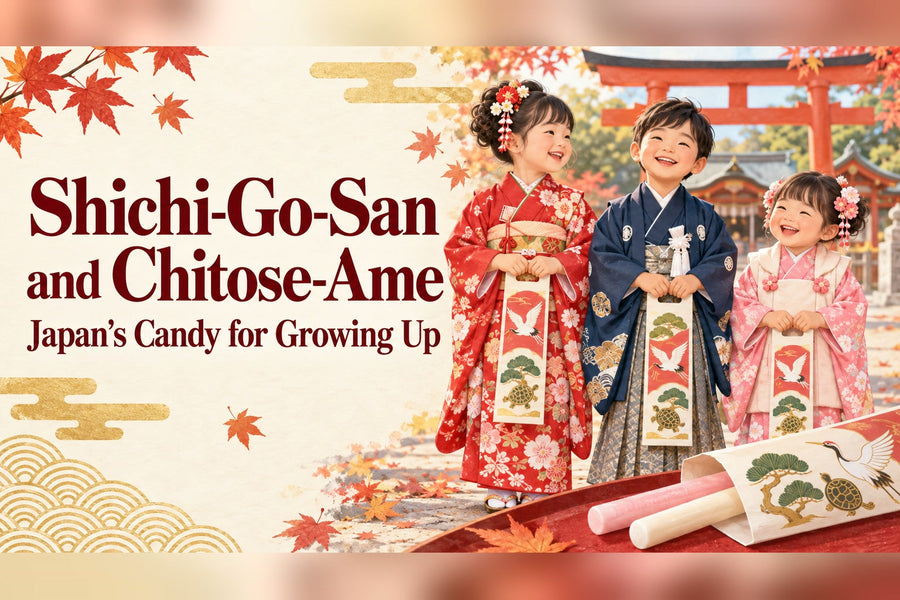 Japanese children in kimono at a shrine for Shichi-Go-San, holding long chitose-ame candy bags decorated with cranes and turtles