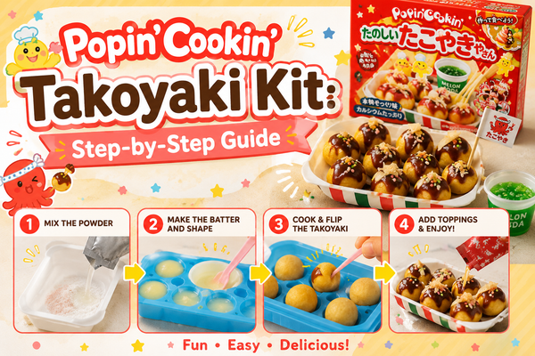Kracie Popin' Cookin' Tanoshii Takoyaki-yasan DIY candy kit with miniature candy takoyaki balls topped with sweet sauce and toppings in a striped tray beside the box, with numbered Mix-Make-Cook-Enjoy steps