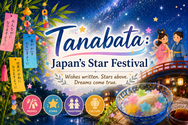 Tanabata, Japan's Star Festival - bamboo hung with colorful paper wish strips under a starry night sky and the Milky Way, with star-shaped candies.