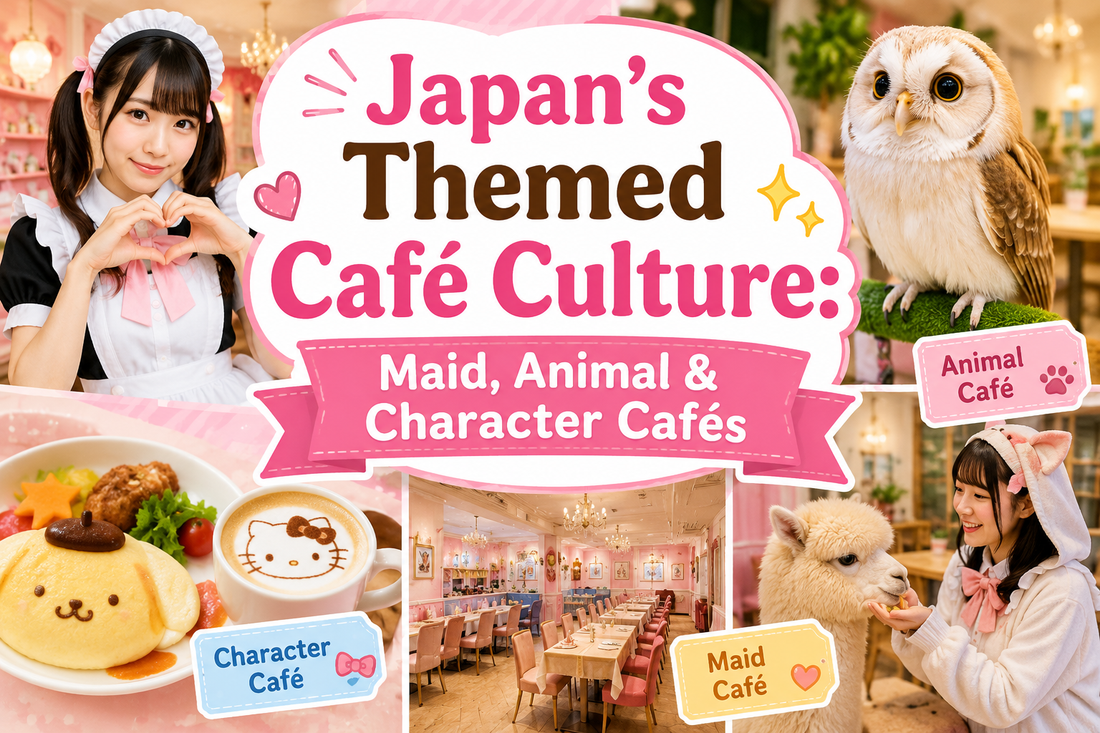 Japanese themed cafe culture collage - a maid cafe waitress making a heart, an owl at an animal cafe, a girl feeding an alpaca, Hello Kitty latte art and a Pompompurin character pancake, in a pastel pink kawaii style