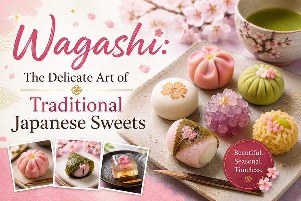 A plate of traditional Japanese wagashi sweets - hand-sculpted seasonal nerikiri shaped like flowers, pink sakura mochi wrapped in a leaf, translucent jelly sweets and dango, beside a bowl of matcha and cherry blossoms