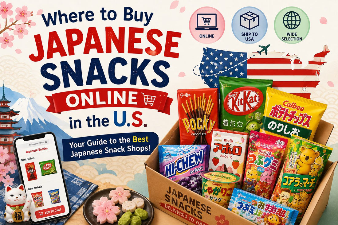 A cardboard box of Japanese snacks including Pocky, Kit Kat, Hi-Chew and Calbee chips next to a phone showing an online snack shop, with the title Where to Buy Japanese Snacks Online in the U.S.