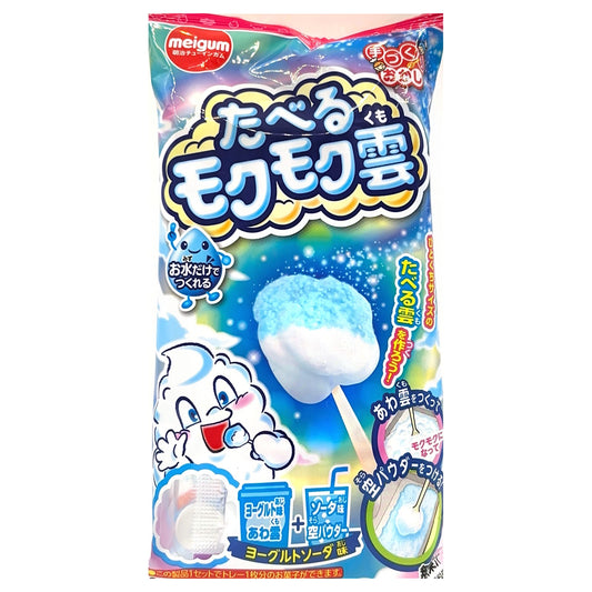 Meiji Taberu Mokumoku Kumo edible cloud DIY candy kit package, showing a white and blue candy cloud on a stick
