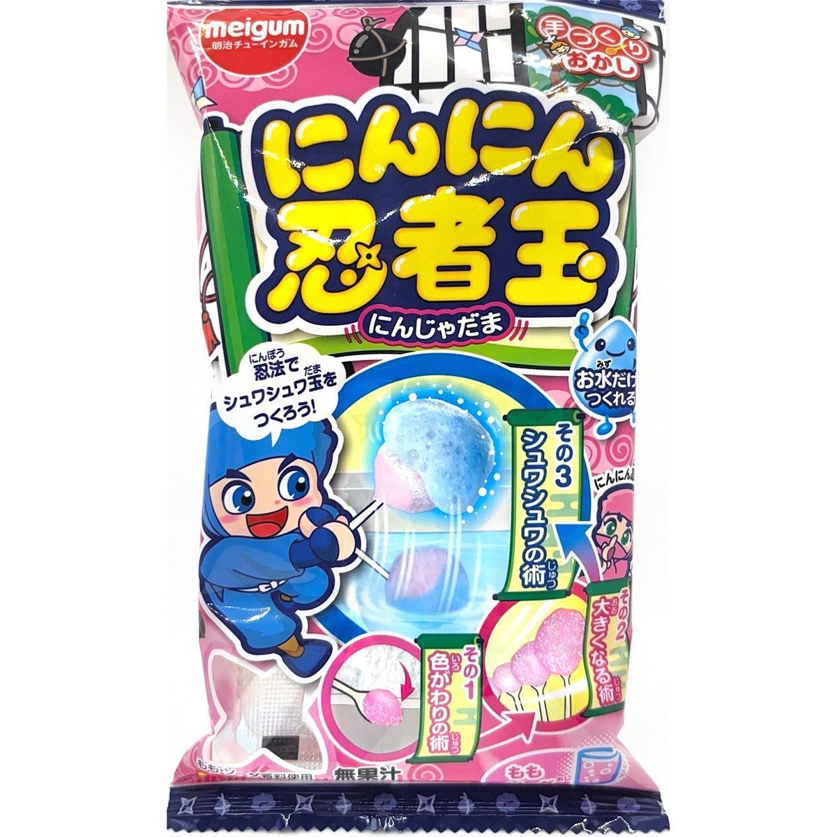 Meiji Nin Nin Ninja Dama DIY candy kit package, showing a blue and pink fizzy candy ball on a stick